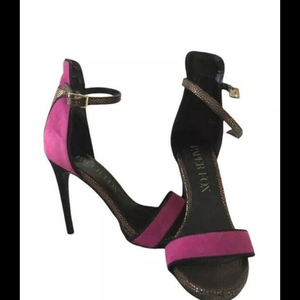 👠😎🩷 Paper Fox Sandals Stilettos 5 1/2 Pink Black Bronze Heels 4.25